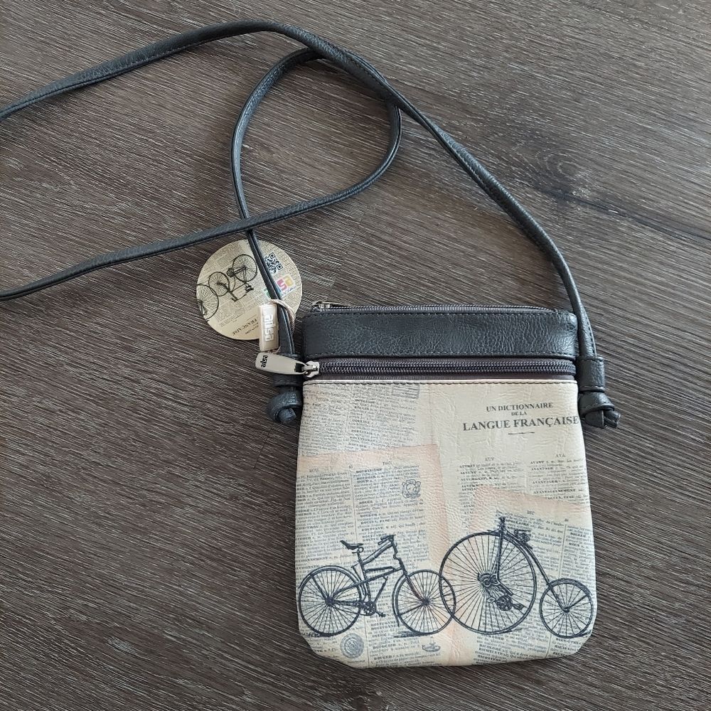 ESPE Vegan French Country Mini Swing Crossbody Bag Bike Newspaper Design